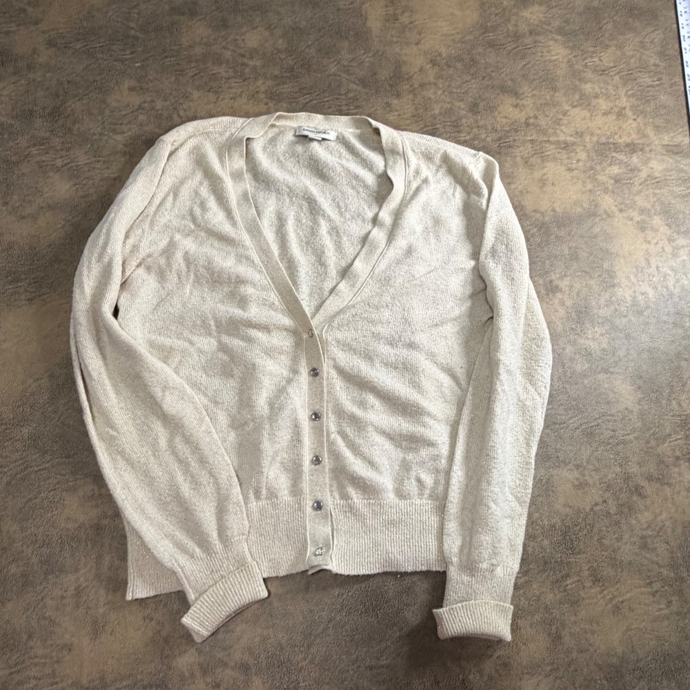 Banana Republic Cardigan Womens L Cream Gold Shimmer Angora Blend Sweater